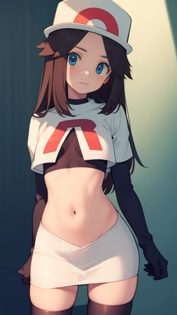 pokemon leaf, pokemon leaf, Brown eyes, Brown hair, wide , (small breasts:1.2),
BREAK  cap, has, Team Rocket,Team Rocket uniform, red letter R, White skirt,White crop top,black thigh high stockings,black elbow length gloves BREAK looking at viewer,
BREAK (Masterpiece:1.2), Best Quality, high resolution, unity wallpaper 8k, (illustration:0.8), (Beautiful detailed eyes:1.6), extremely detailed face, perfect lighting, Extremely detailed CG, (perfect hands, perfect anatomy),