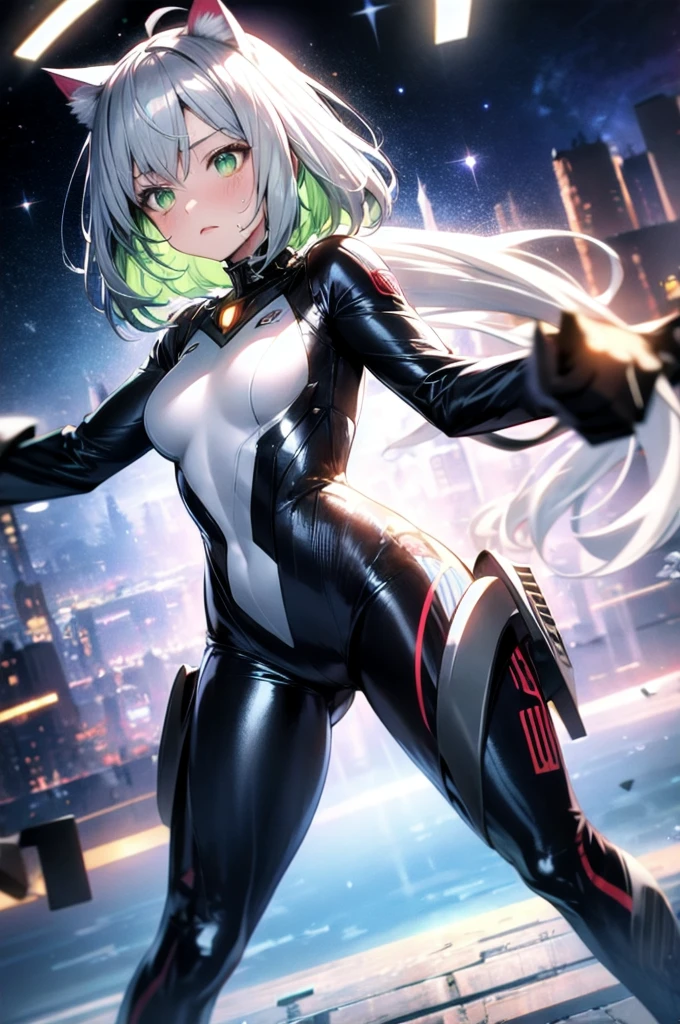A silver-haired beautiful girl with cat ears eyes are green hair is silver and long clothes: a form-fitting black combat suit The fist is an afterimage The background is a city at night her is in a cat-like fighting pose The year is 14 years monitor, Dark Night, Sweat, Steam of Exhalation, Space, Battle, Dynamic Angle one girl