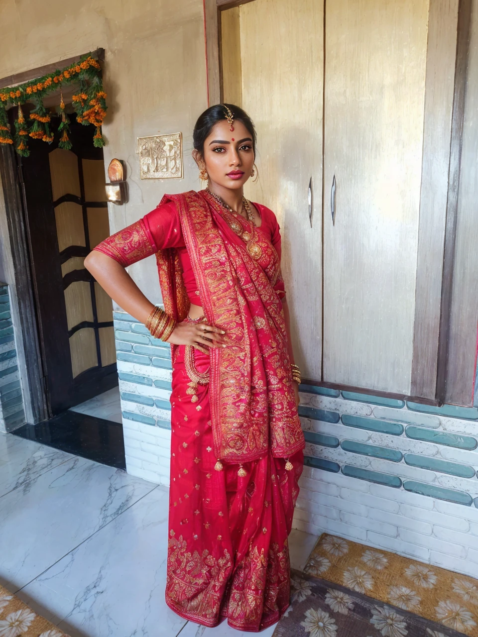 (highly detailed,illustration,intricate,attractive body,beautiful eyes,beautiful lips,extremely detailed face,longeyelashes), ((Full body picture)), cinematic, potrait, dynamic lighting, most beautiful picture, indian celebrity, (wearing traditional indian red saree), traditional indian clothes, indian jewelry, symmetrical face, stunning art, intense look, detailed, red lips, messy strands of hair, detailed hair, intense look, (best quality,4k,8k,highres,masterpiece:1.2),ultra-detailed,(realistic,photorealistic,photo-realistic:1.37),vivid colors,sharp focus,portrait, studio lighting, in a temple, (SFW), (light skin color) full body
