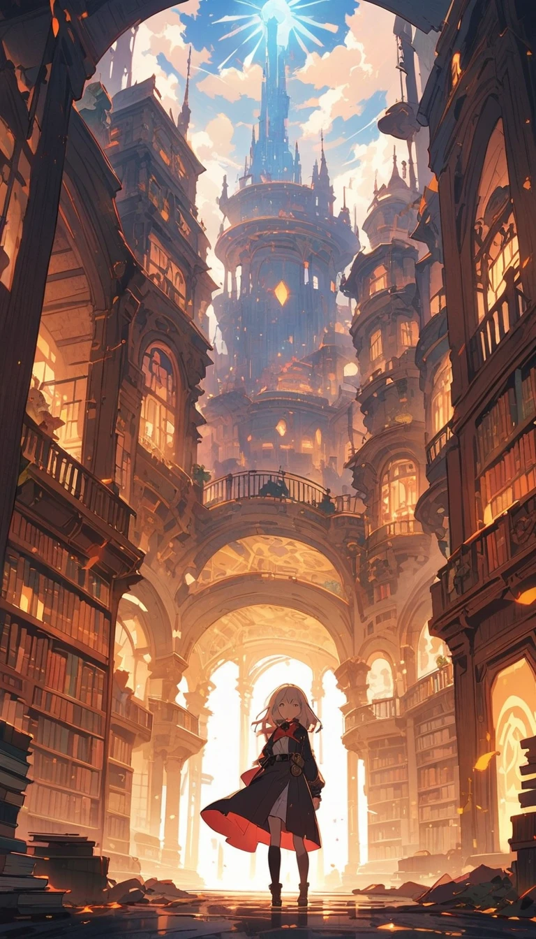 A huge futuristic library housing thousands of books. Steampunk boy in awe in the middle of a library 、(Highest quality、masterpiece、High resolution、detailed)animeスタイル、Flat Style、(Shining Eyes、detailed美しい顔), break,1 girl、anime
