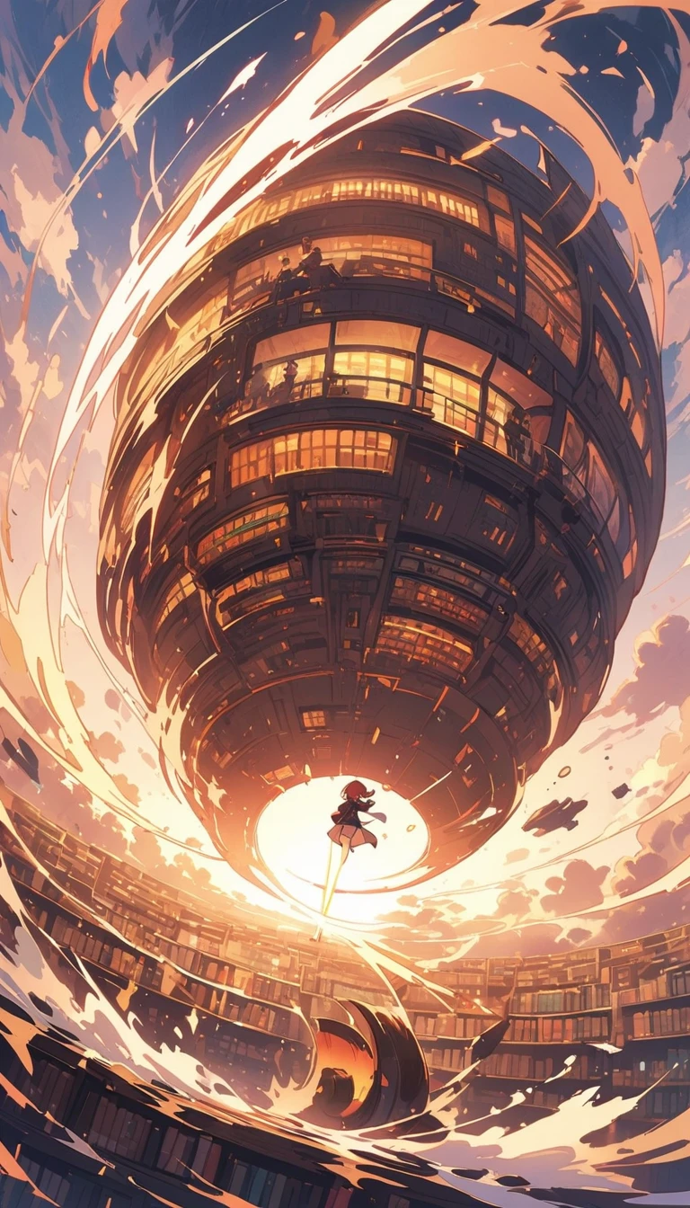 A huge futuristic library housing thousands of books. Steampunk boy in awe in the middle of a library  、(Highest quality、masterpiece、High resolution、detailed)animeスタイル、Flat Style、(Shining Eyes、detailed美しい顔),  break,1 girl、anime