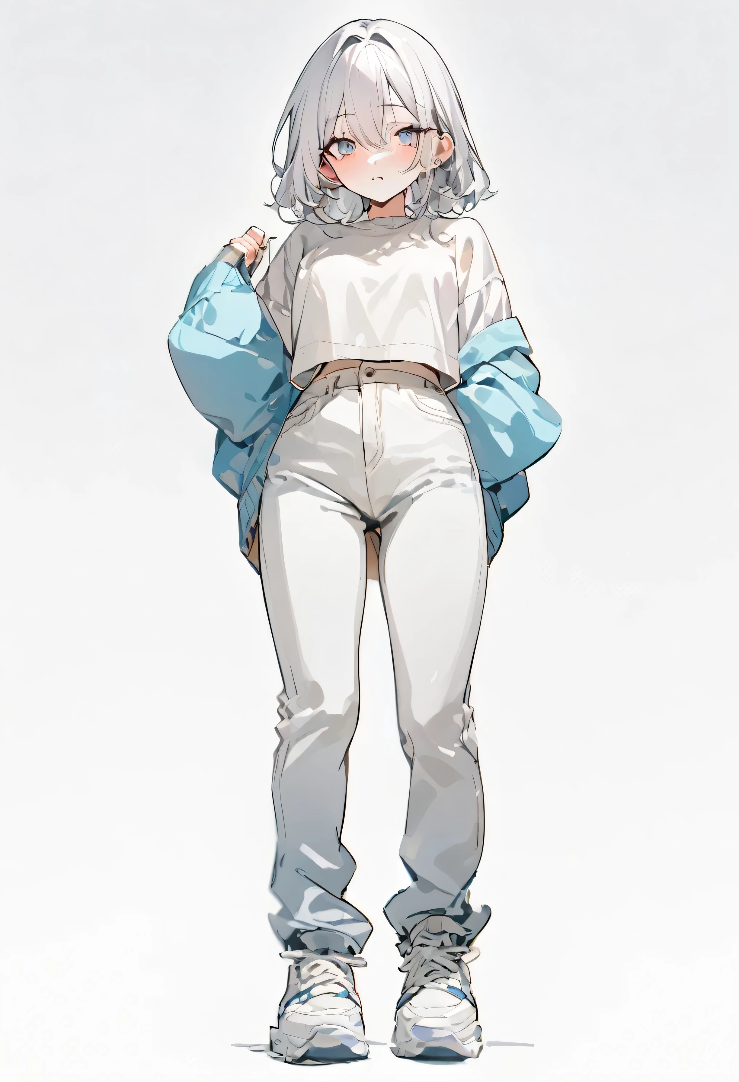 Masterpiece, Best Picture Quality: 1.2, 8K), Centered, Full Length, One Adult Girl, Cool Fashion, Pants, Simple Sneakers, Simple Background, White Background, Open Eyes, Delicate Eyes, Beautiful Eyes,