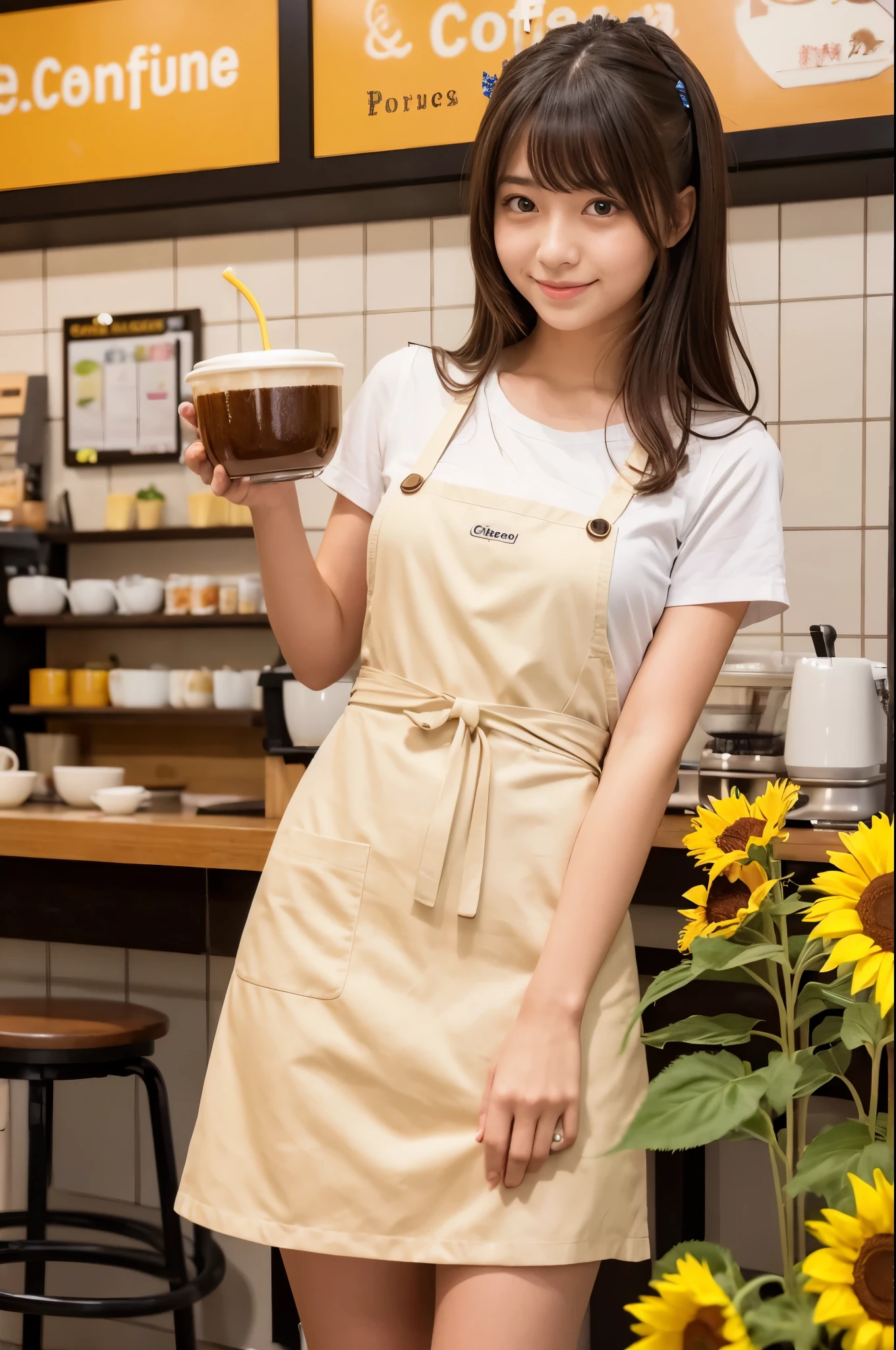 21 years old girl (Japanese cute face) is wearing very short mini skirt and apron and working at the coffee cafe with sunflowers