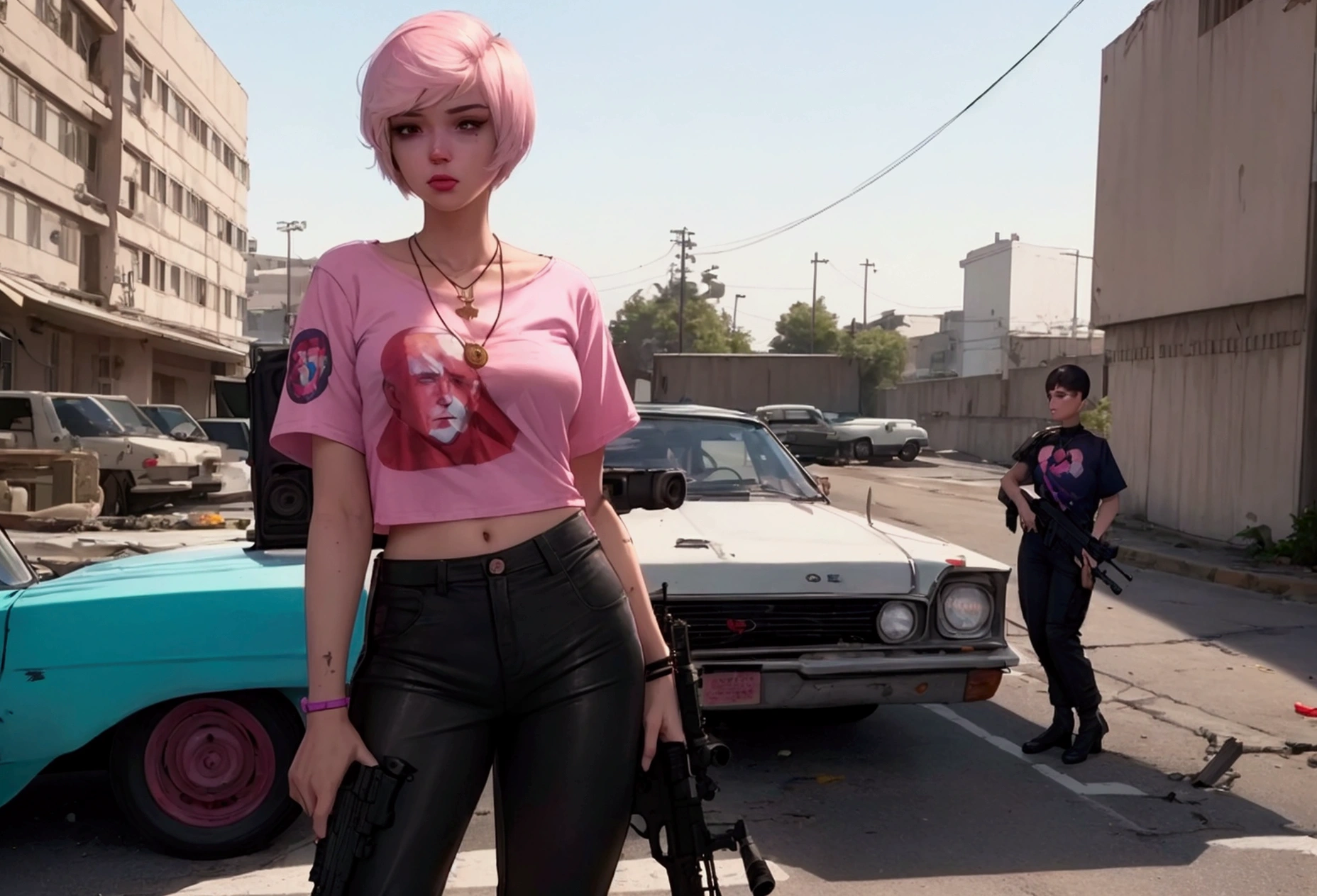 (a 20 year old femboy, short haircut, communist necklace, Joe Biden TShirt, pink panties showing over low rider pants, Sniper rifle, dead, multiple gunshot wounds) has been shot dead on a white roof, multiple bloody gunshots