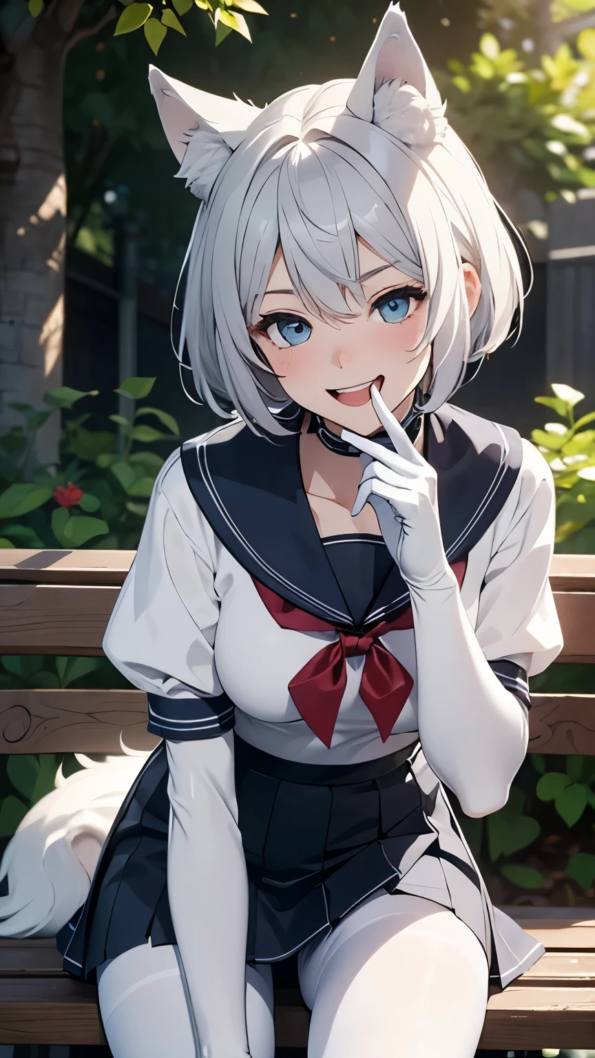 Tabletop　high resolution　Best image quality　8k　 Adult female　Portraiture　White long gloves（Elbow Gloves）　Pure white pantyhose　Sailor suit（No sleeve）　mini skirt　White wolf ears　short hair（（Shortcuts）（Gray Hair）（Perm）（fluffy））　Eye color is blue　Fascinating face（（Laughter）（smile）（Open your mouth））　Sit on a bench　garden　draw a picture
