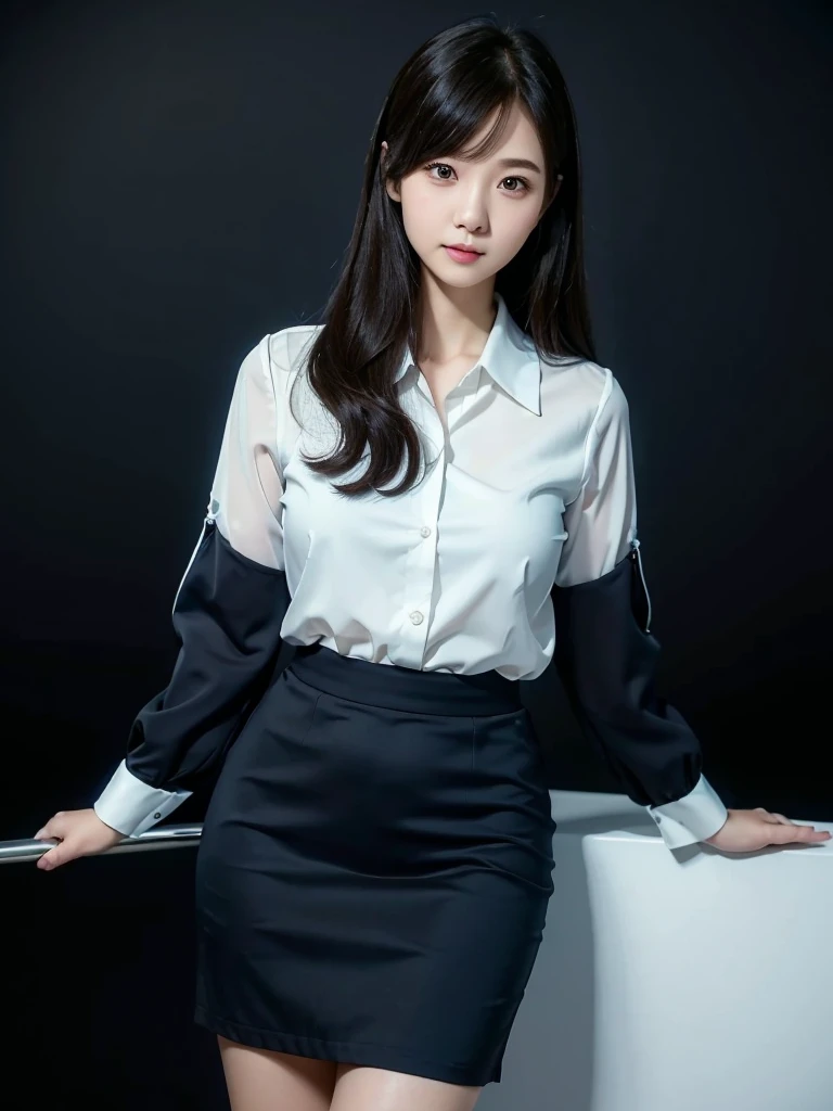 White Office、PC、Mid-length navy blue polyester pencil skirt 、Chiffon blouse、(Highest quality)、((Very detailed))、4K、(8k)、masterpiece、Very detailedな、Highest quality、Super Resolution、1 person、Kind Face、Soft Light、RAW quality、Soft Skin、163cm、30 years old、From the knee up