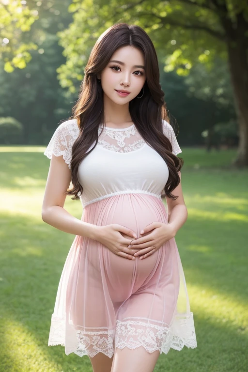 (highest quality、masterpiece、8k、best image quality、hyper realism、Award-winning work)、1 female、(alone:1.1)、(Girly ta T-shirt with white lace decoration:1.1)、(Very thin, sheer pink long skirt:1.1)、(Strongly blurred beautiful park background:1.1)、The most natural and perfect beautiful grass park、Perfectly maintained lawn park、beautiful sunlight filtering through the foliage、Tyndall effect、epic movie lighting、blurred background、(Standing gracefully:1.2)、(full body photo:1.1)、(emphasize body line:1.2)、(thick legs:1.2)、(glamorous body:1.1)、(BIG ASS:1.2)、(big breasts:1.1)、(short height:1.2)、(Height: 140cm:1.2)、accurate anatomy、perfect makeup、long eyelashes、glossy lips、Ultra high definition glossy skin、(Ultra-high definition bright and beautiful skin:1.1)、Ultra-high definition glossy lips、Super high definition beautiful teeth、(late pregnancy:1.2)