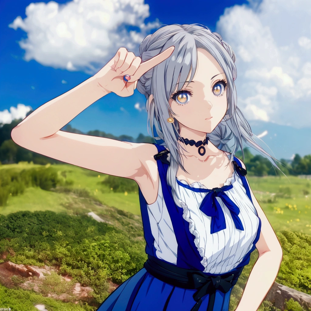 Golden Eyes、Golden Eyes、Anime girl with gray hair and blue clothes pointing at something, Realistic Anime 3D Style, Cute 3D anime girl render, Realistic young anime girl, Anime Style3D, Anime Style, Realistic anime art style, Anime Styleに, , Semi-realistic anime style, Smooth anime CG art, April Rendering, Photorealistic anime girl rendering