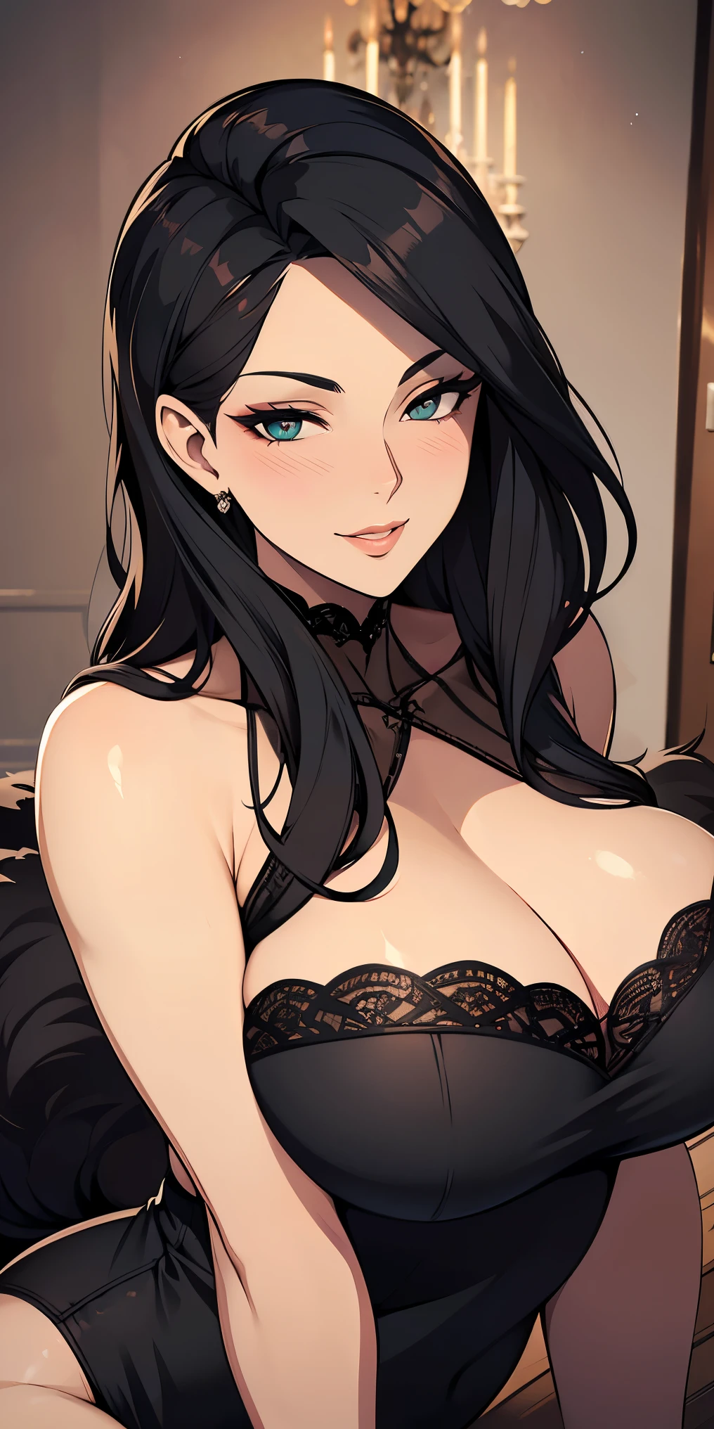 Milf, mature woman, elegant, (black hair), long hair, (silver eyes), casual clothes, (((buxom))), bodice, fur trim, portrait, upper body, curvaceous, 4k resolution, high quality, lurid smile, lewd smile, slight blush