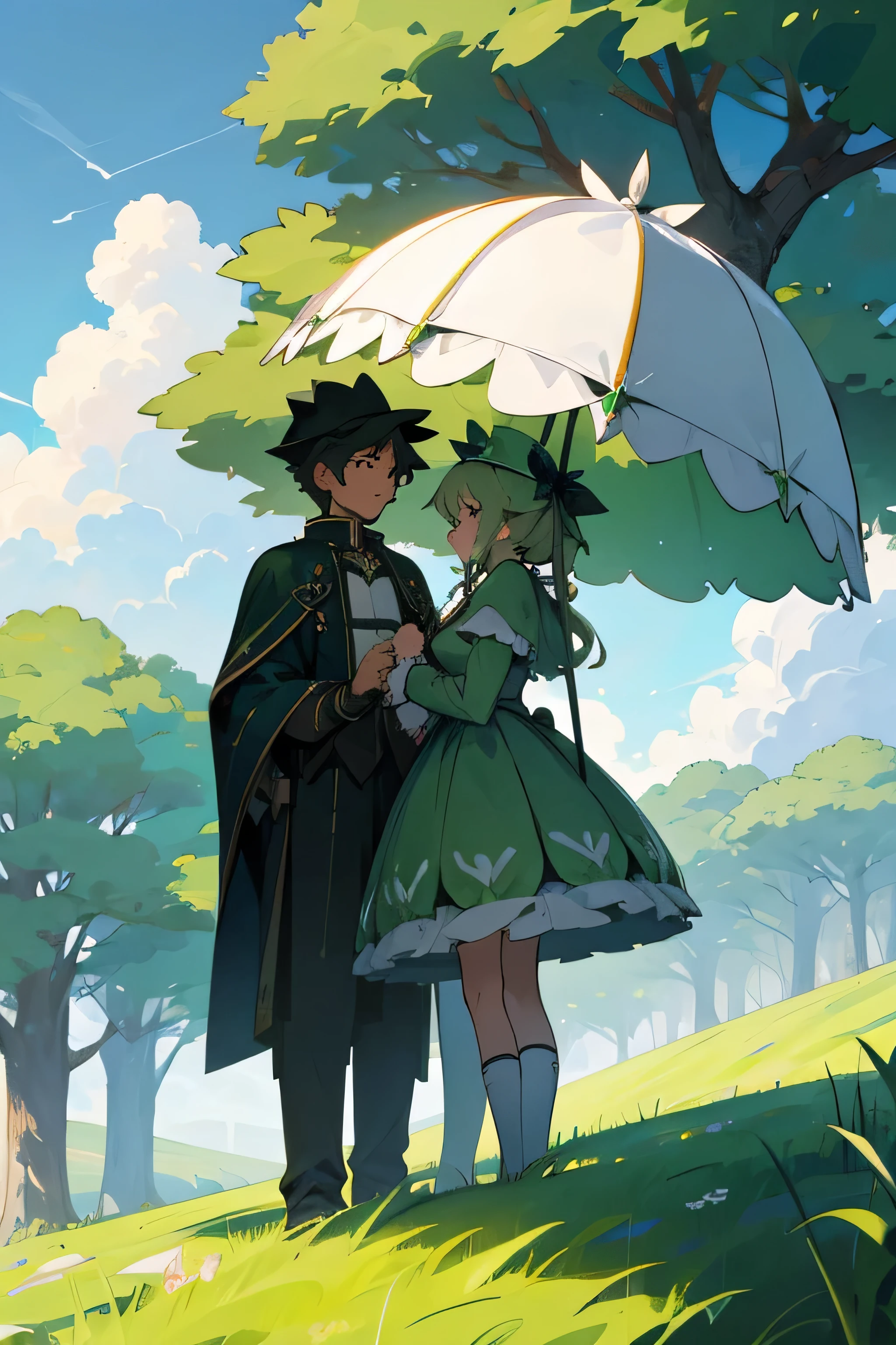 Create a image of a beautiful green land with some fluffy clouds and a couple holding umberella together
