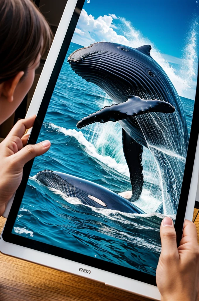 A whale playing with a tablet 