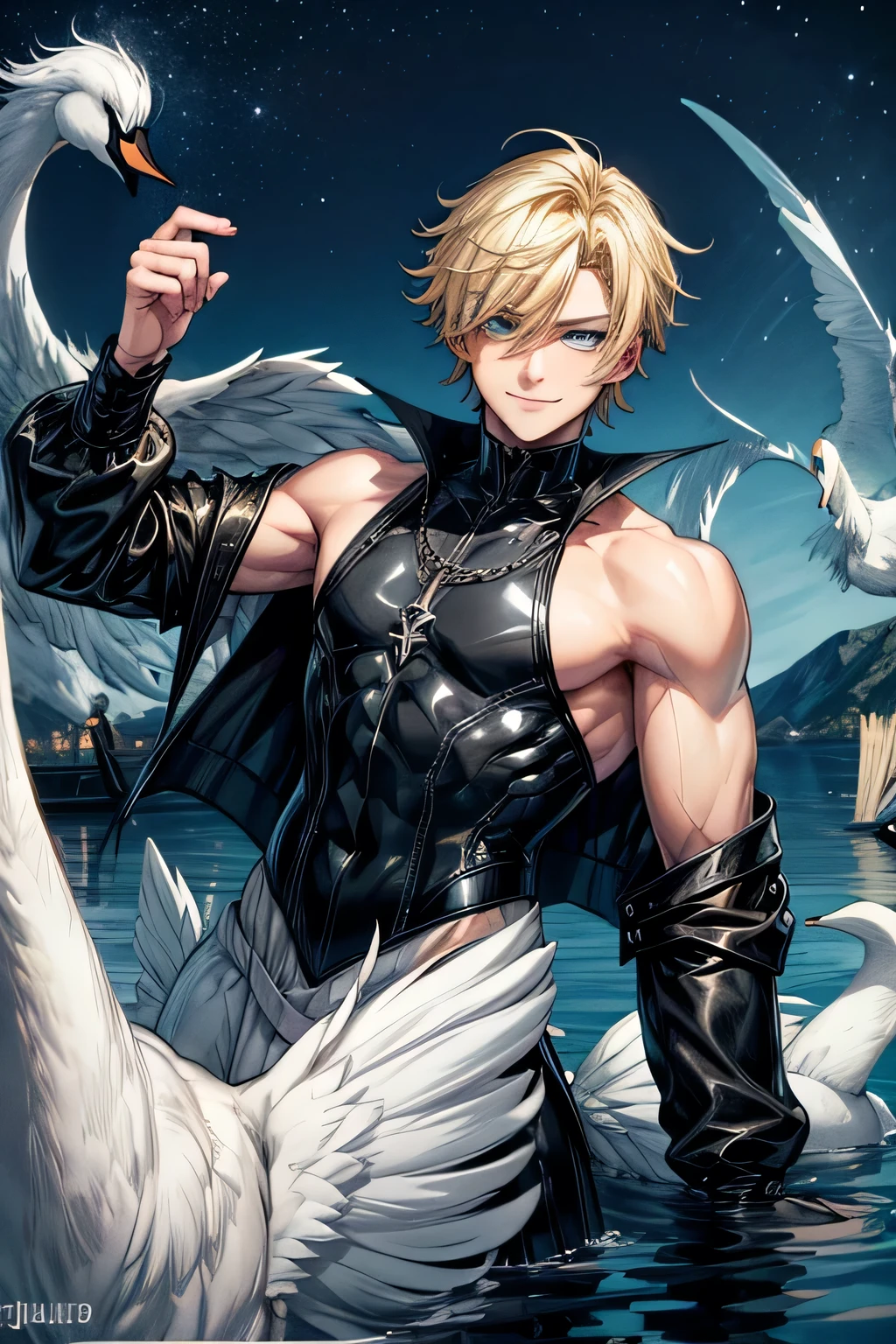 yellow blonde hair young man, fringe, shoulder-length yellow hair, blue eyes brillantes, blue eyes, White skin, smiling, voluptuous body, muscular, dressed in black clothes, dark clothing style, metal clothing, on a white swan lake at night, swans around, black shirt and pants, nice appearance, Best Quality,