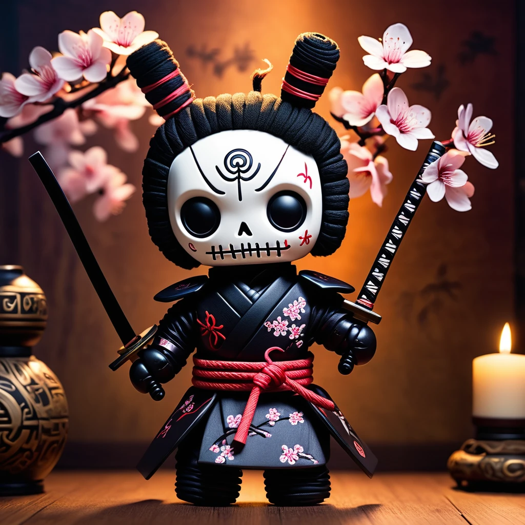 (knitted toy voodoo doll:1.5), (Voodoo Phantom Samurai:1.3), (Clothing: ghostly armor with kanji patterns:1.0), (Accessories: enchanted katana emitting a spectral glow, floating cherry blossoms:1.1), (background: haunted dojo with ancient scrolls, shadowy figures, and an atmosphere of spectral honor:1.2), best quality, masterpiece, detailed soft oil painting, detailed background, dramatic cinematic lighting, soft edge lighting, professional, dramatic lighting, hard edge lighting, ultra quality, 4k, masterpiece, best quality, 8k, ultra high definition, high resolution, extremely detailed