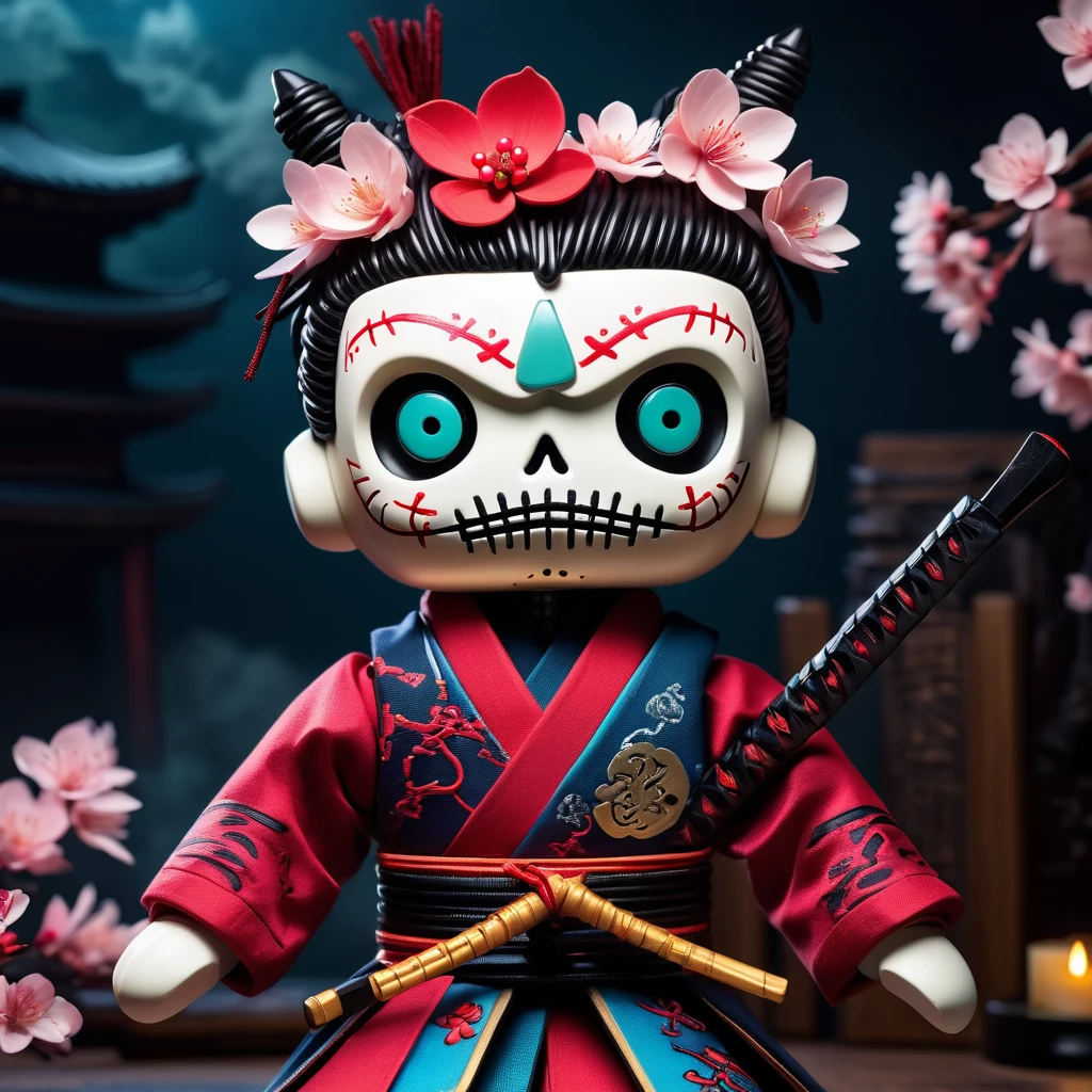 (knitted toy voodoo doll:1.5), (Voodoo Phantom Samurai:1.3), (Clothing: ghostly armor with kanji patterns:1.0), (Accessories: enchanted katana emitting a spectral glow, floating cherry blossoms:1.1), (background: haunted dojo with ancient scrolls, shadowy figures, and an atmosphere of spectral honor:1.2), best quality, masterpiece, detailed soft oil painting, detailed background, dramatic cinematic lighting, soft edge lighting, professional, dramatic lighting, hard edge lighting, ultra quality, 4k, masterpiece, best quality, 8k, ultra high definition, high resolution, extremely detailed
