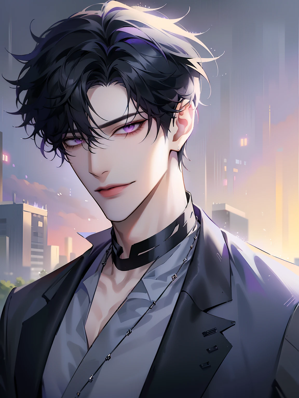 (masterpiece, 4k, high quality:1.3), 1boy, solo, short hair, black hair, asymmetrical fringe, purple eyes, handsome, sharp eyes, (mature male, mature:1.2), male focus, fashionable, tucked in open purple collared shirt, gray jacket, necklace, sunset, evening, close up, smile, long eyelashes