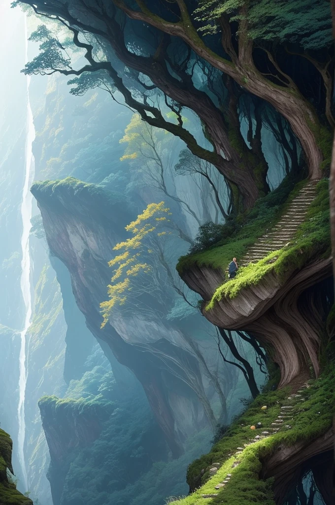 there is a tree that is growing on the side of a hill, trees and cliffs, in between a gorge, overhanging branches, some trees in the corner, trees growing on its body, tree in the background, trees in foreground, curved trees, winding branches, densley overgrown with moss, nature taking over, built into trees and stone, detailed trees and cliffs