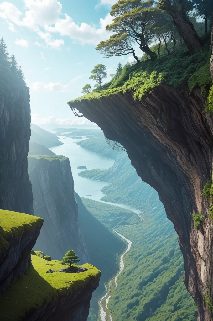 there is a tree that is growing on the side of a hill, a picture by Andy Goldsworthy, pexels, figuration libre, trees and cliffs, in between a gorge, overhanging branches, some trees in the corner, trees growing on its body, tree in the background, trees in foreground, curved trees, winding branches