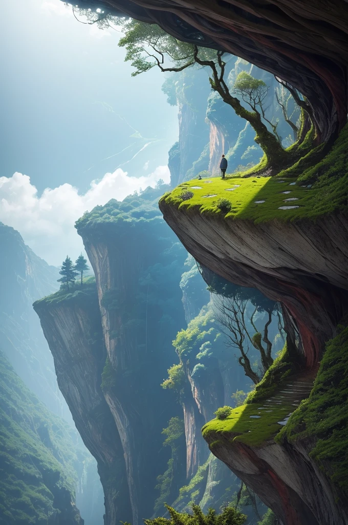 there is a tree that is growing on the side of a hill, trees and cliffs, in between a gorge, overhanging branches, some trees in the corner, trees growing on its body, tree in the background, trees in foreground, curved trees, winding branches, densley overgrown with moss, nature taking over, built into trees and stone, detailed trees and cliffs