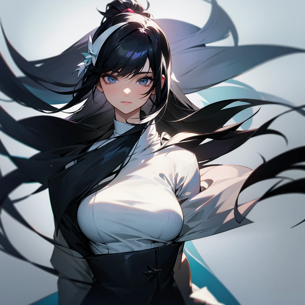 Female gender. 
pale complexion. 
large eyes, round and long eyelashes. 
blue eyes. 
wide, with bangs. 
black hair. 
Her breasts are gigantic.

The girl is hugging Yuuji Itadori, del manga jujutsu kaisen.
She is pressing her body against him., and giving him a kiss. 
