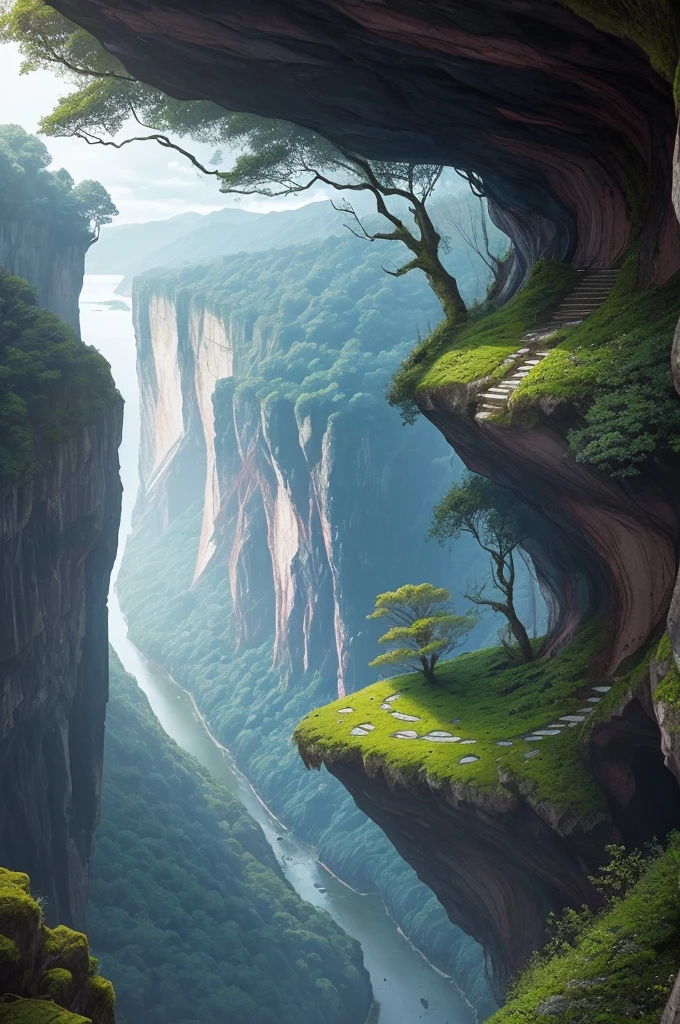 there is a tree that is growing on the side of a hill, trees and cliffs, in between a gorge, overhanging branches, some trees in the corner, trees growing on its body, tree in the background, trees in foreground, curved trees, winding branches, densley overgrown with moss, nature taking over, built into trees and stone, detailed trees and cliffs