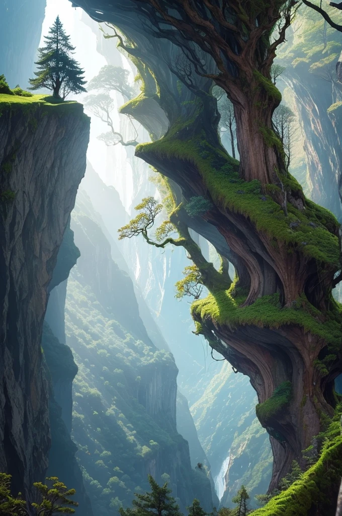 there is a tree that is growing on the side of a hill, a picture by Andy Goldsworthy, pexels, figuration libre, trees and cliffs, in between a gorge, overhanging branches, some trees in the corner, trees growing on its body, tree in the background, trees in foreground, curved trees, winding branches