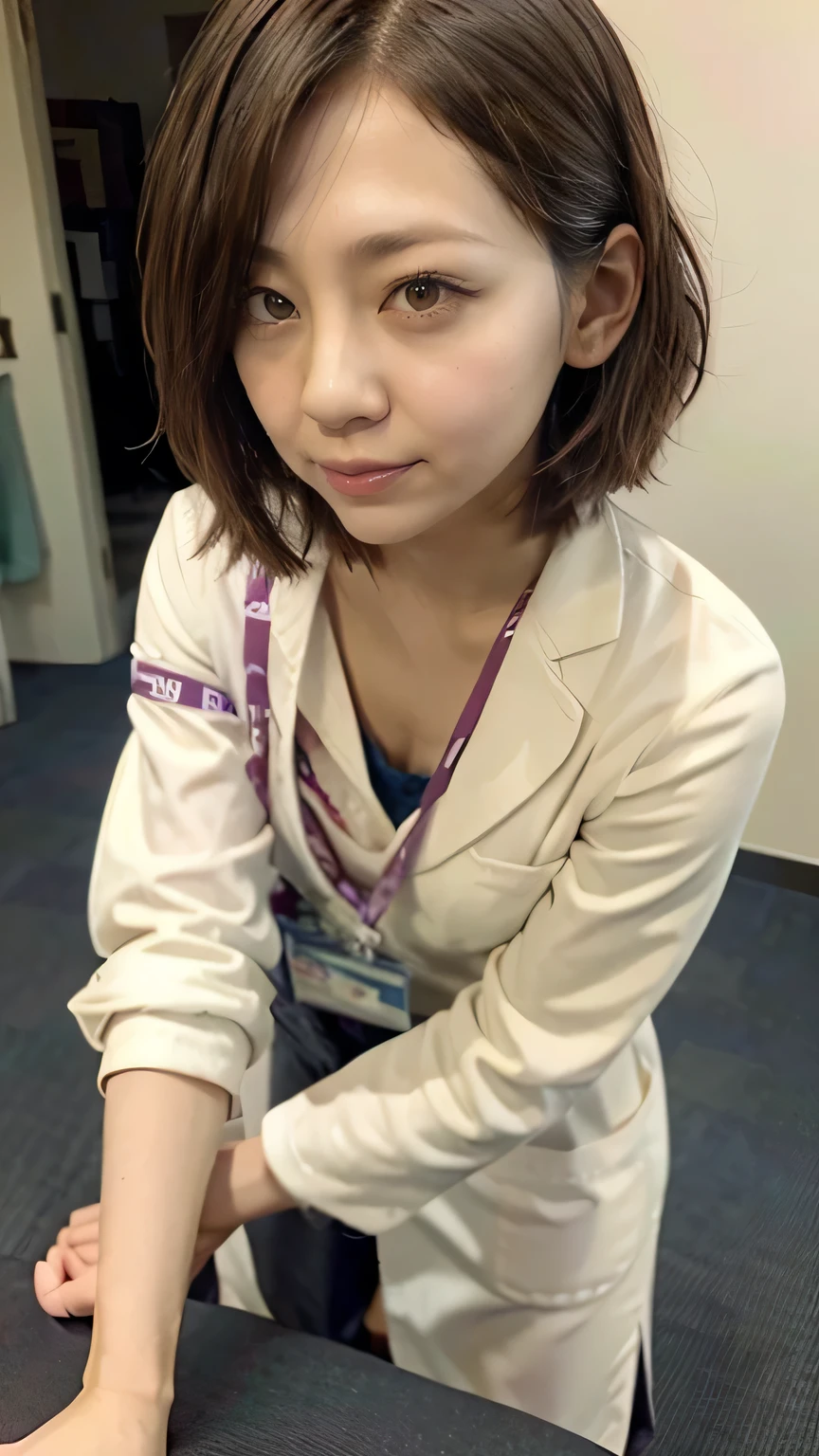 (Medical Slabs:1.5、A nurse woman leaning forward and looking at a patient in a hospital、Breast flash)、(Realistic、Like a photograph、Live Action、, Realistic, RAW Photos, Best image quality: 1.4), Single-lens reflex camera、RAW Photos, Highest quality, Realistic, Very detailed CG Unity 8k wallpaper, Written boundary depth, Cinematic Light, Lens flare, Ray Tracing, Realistic background、hospital:1.4、(nurse:1.4、Medical scrub:1.3、Toned body)、((Ultra-dense skin))、 woman,Cute Japanese nurse、((Leaning forward、((whole body:1.5))、During examination:1.1、Serious expression))、Pink inner color hair、short hair:1.2、tie your hair with a hair clip、I like that style、stylish、Very detailed、Pay attention to the details、Perfect outfit、(Sunburned skin)、Beautiful legs:1.1、View from above、Anatomically correct body、Accurate fingering
