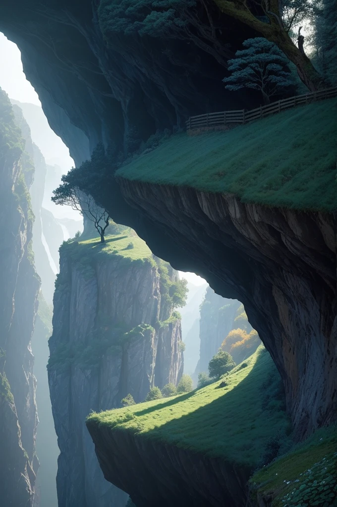 there is a tree that is growing on the side of a hill, a picture by Andy Goldsworthy, pexels, figuration libre, trees and cliffs, in between a gorge, overhanging branches, some trees in the corner, trees growing on its body, tree in the background, trees in foreground, curved trees, winding branches