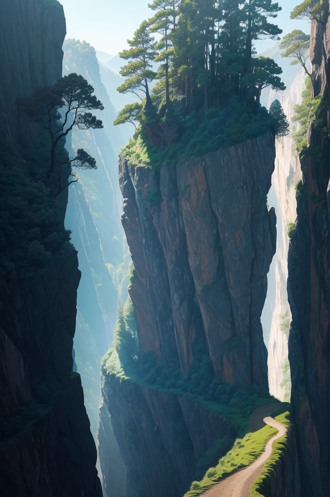 there is a tree that is growing on the side of a hill, a picture by Andy Goldsworthy, pexels, figuration libre, trees and cliffs, in between a gorge, overhanging branches, some trees in the corner, trees growing on its body, tree in the background, trees in foreground, curved trees, winding branches