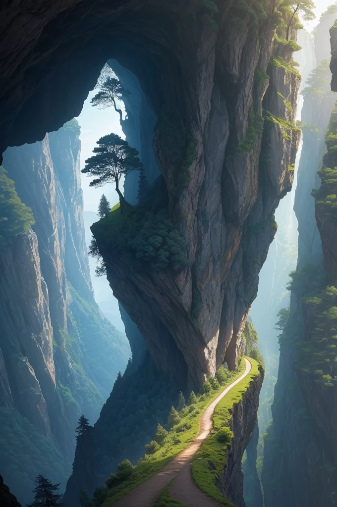 there is a tree that is growing on the side of a hill, a picture by Andy Goldsworthy, pexels, figuration libre, trees and cliffs, in between a gorge, overhanging branches, some trees in the corner, trees growing on its body, tree in the background, trees in foreground, curved trees, winding branches