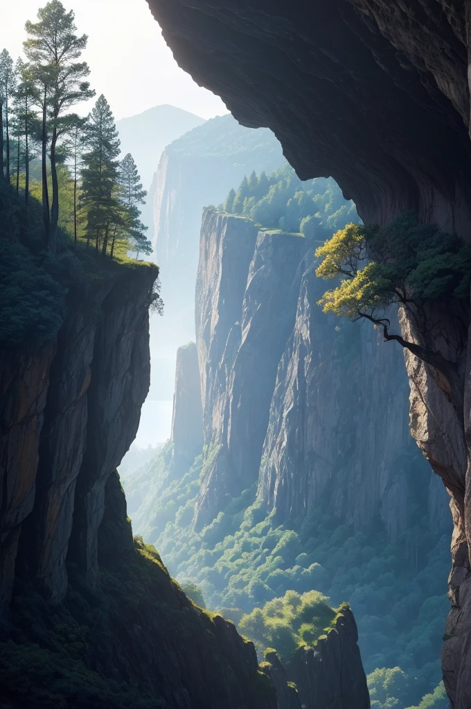 there is a tree that is growing on the side of a hill, a picture by Andy Goldsworthy, pexels, figuration libre, trees and cliffs, in between a gorge, overhanging branches, some trees in the corner, trees growing on its body, tree in the background, trees in foreground, curved trees, winding branches