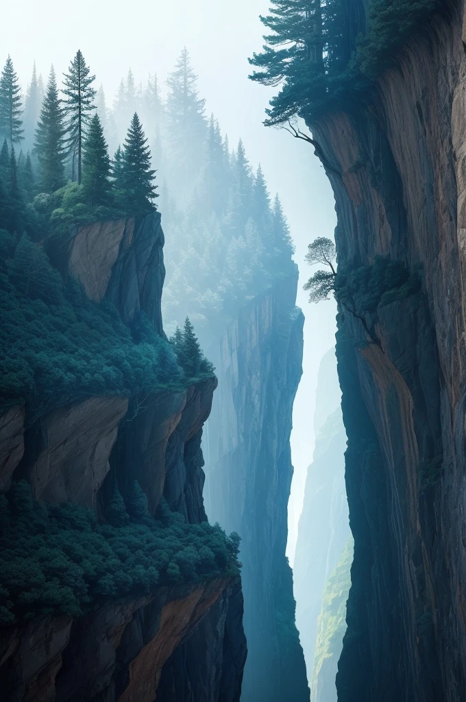there is a tree that is growing on the side of a hill, a picture by Andy Goldsworthy, pexels, figuration libre, trees and cliffs, in between a gorge, overhanging branches, some trees in the corner, trees growing on its body, tree in the background, trees in foreground, curved trees, winding branches