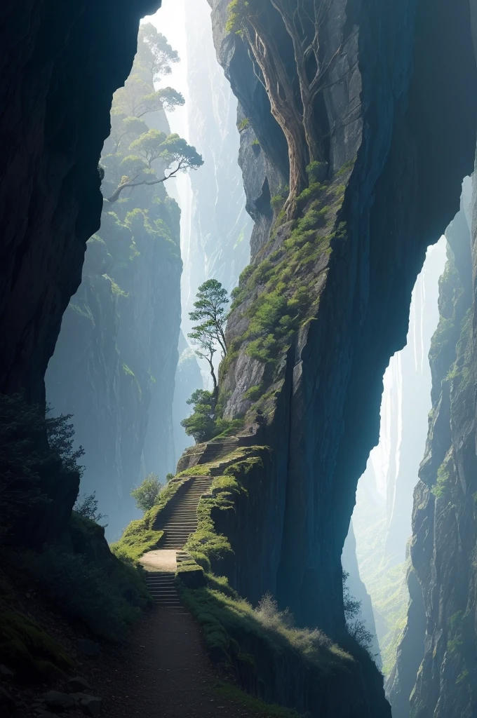 there is a tree that is growing on the side of a hill, a picture by Andy Goldsworthy, pexels, figuration libre, trees and cliffs, in between a gorge, overhanging branches, some trees in the corner, trees growing on its body, tree in the background, trees in foreground, curved trees, winding branches
