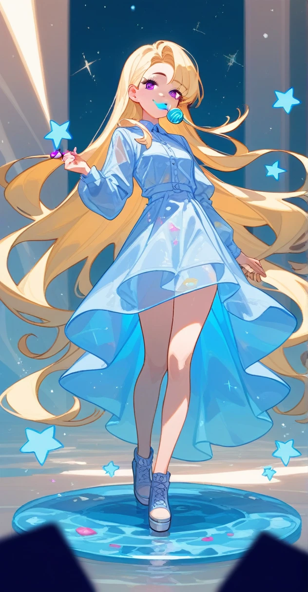(slime girl:0.6),full_body,((translucent_skin)),(((light blue transparent skin)))Teen girl with long blonde hair and purple eyes with a purple lollipop and a pastel purple and white dress with black buckled shoes smiling and standing onna purple star (masterpiece, best quality),(score_9,score_8_up,score_7_up,score_6_up,score_5_up,score_4_up)
