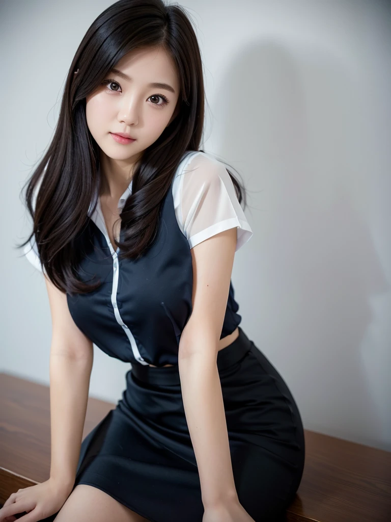 White Office、PC、Mid-length navy blue polyester pencil skirt 、Chiffon blouse、(Highest quality)、((Very detailed))、4K、(8k)、masterpiece、Very detailedな、Highest quality、Super Resolution、1 person、Kind Face、Soft Light、RAW quality、Soft Skin、163cm、30 years old、From the knee up