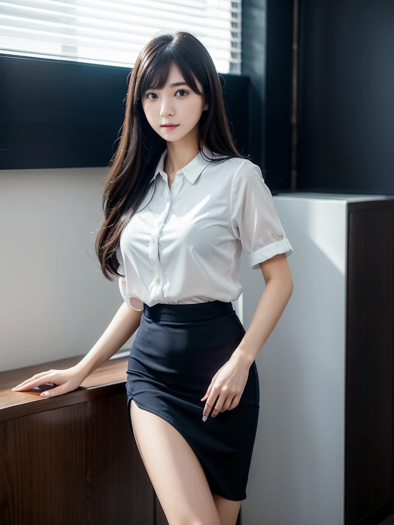 White Office、PC、Mid-length navy blue polyester pencil skirt 、Chiffon blouse、(Highest quality)、((Very detailed))、4K、(8k)、masterpiece、Very detailedな、Highest quality、Super Resolution、1 person、Kind Face、Soft Light、RAW quality、Soft Skin、163cm、30 years old、From the knee up