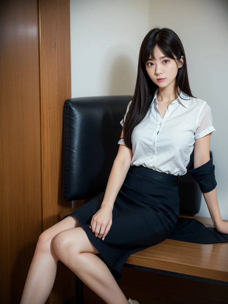 Classy upper class elite secretary in luxury silk blouse, Skirt and thighs、27 years old、height 162cm、Sitting on a chair in the office、Office uniform, (Glossy Pantyhose,Realistic pantyhose)、Working in the office、Wearing an ultra-thin satin blouse, Wear high-quality high heels、 Girl in blouse, Wearing an elegant blouse, When you wear a very thin blouse, Businessman, Blouse and skirt, Wearing a silk blouse, Wear a shirt and skirt, RAW Photos, (8K、Highest quality、masterpiece:1.2)、(Intricate details:1.4)、(Photorealistic:1.4)、Octane Rendering、Complex 3D rendering with ultra-detail, Soft studio light, Rim Light, Vivid details, Super Detail, Realistic skin textures, Face in detail, Beautiful details in the eyes, Highly detailed CG Unity 16k wallpaper, compensate, (Detailed Background:1.2),On all fours。 Exposed thighs!!!Erotic~!!!!