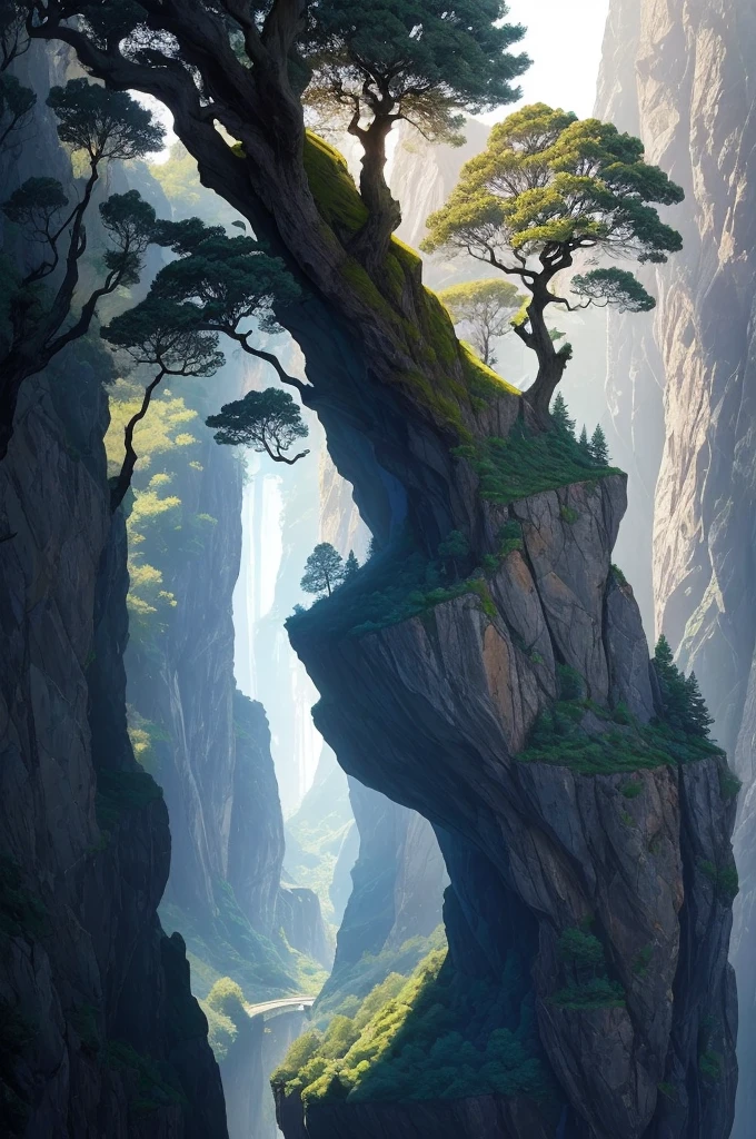 there is a tree that is growing on the side of a hill, a picture by Andy Goldsworthy, pexels, figuration libre, trees and cliffs, in between a gorge, overhanging branches, some trees in the corner, trees growing on its body, tree in the background, trees in foreground, curved trees, winding branches