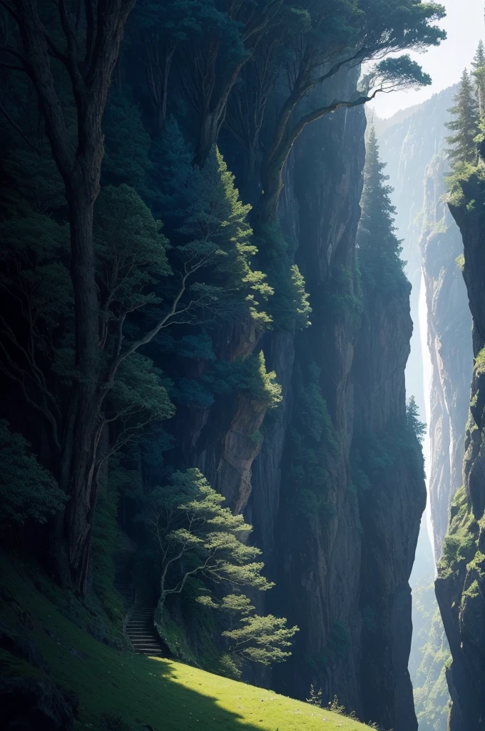 there is a tree that is growing on the side of a hill, a picture by Andy Goldsworthy, pexels, figuration libre, trees and cliffs, in between a gorge, overhanging branches, some trees in the corner, trees growing on its body, tree in the background, trees in foreground, curved trees, winding branches