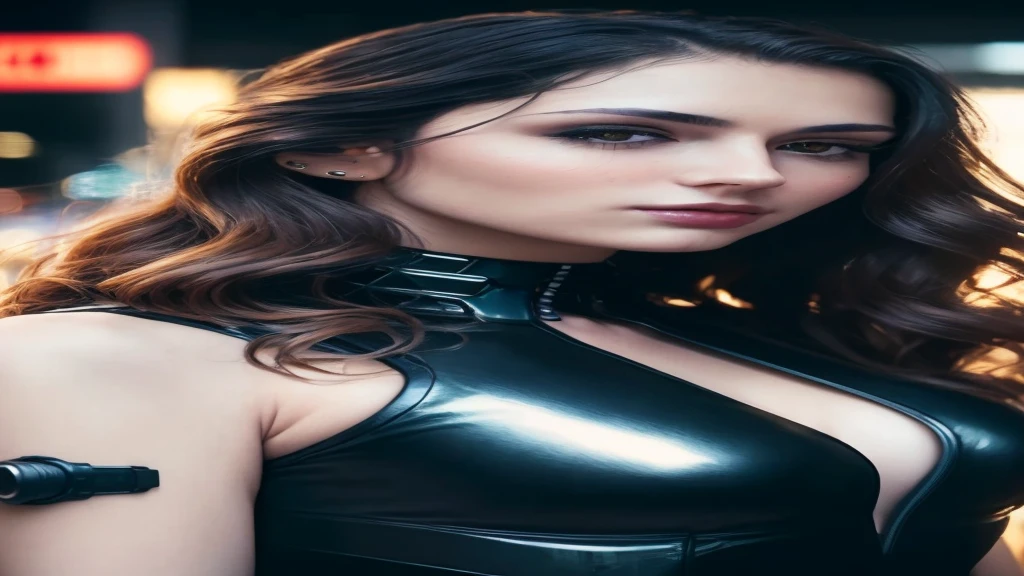 Full face portrait photo of a 25-year-old European girl, RAW, beautiful woman, semi-open strawberry lips, dimples, wistful look, (extra long wavy brown hair), ((detailed face)), ((detailed facial features)), (finely detailed skin), pale skin, (deep neckline detailed high-tech cyberpunk dress), cyberpunk megacity environment, (cool colors), damp, damp, reflections, (masterpiece) (perfect proportion)(realistic photo)(best quality) (detailed) shot on a Canon EOS R5, 50mm lens, F/2.8, HDR, (8k) (wallpaper) (cinematic lighting) (dramatic lighting) (sharp focus) (intricate),RAW photo, gigachad photo, posing for camera, 8k uhd, dslr, high quality, grain film, Fujifilm XT3