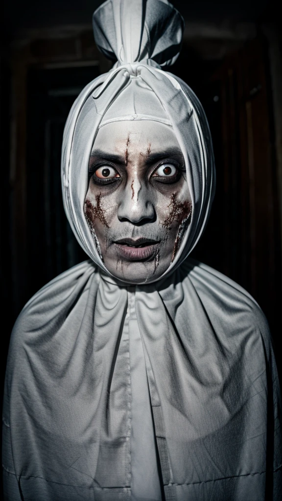 Pocong. Scary face. Skeleton face. Real ghost. Realistic, hdr. Flashlights direct to subject in dark place.. white eyes. Real scary . pale face. No pupil in eyes. Eyes pop up.