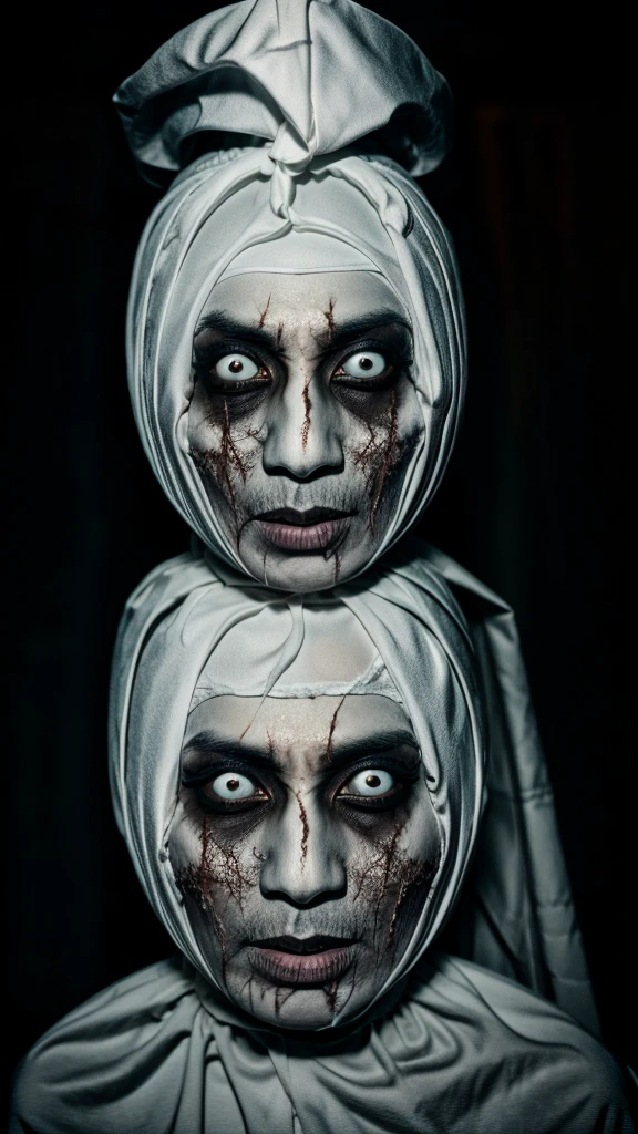 Pocong. Scary face. Skeleton face. Real ghost. Realistic, hdr. Flashlights direct to subject in dark place.. white eyes. Real scary . pale face. No pupil in eyes. Eyes pop up.