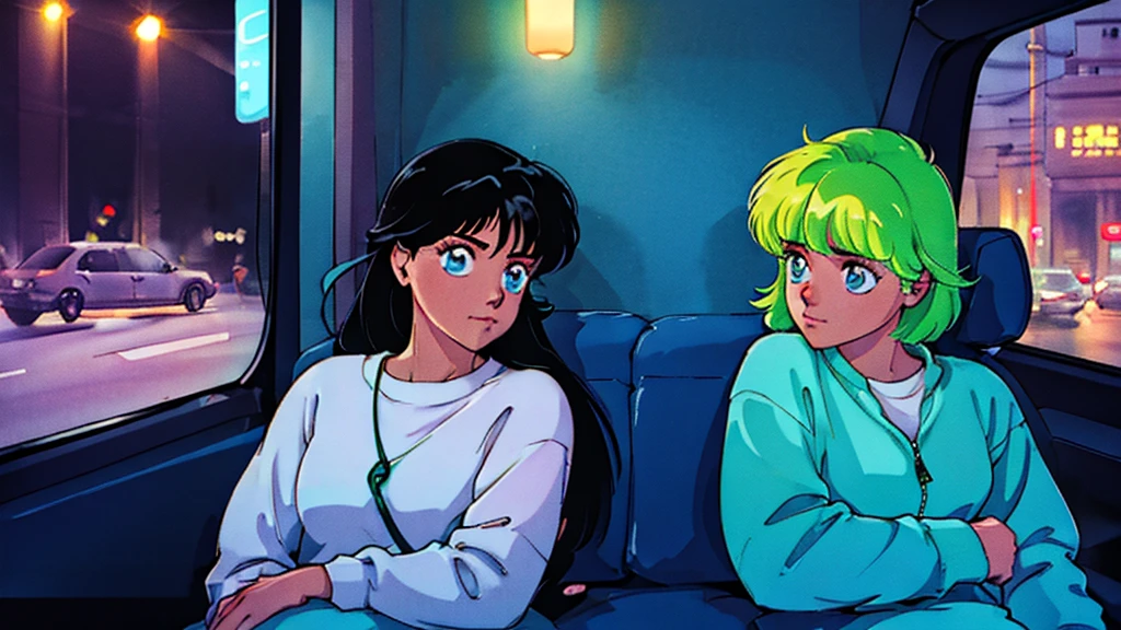 Create an image from the angle inside a car, showing a woman with a thoughtful expression on her face as she gazes out of the side window at the cityscape. The city outside should be visible, illuminated by streetlights and neon signs. Use soft, pastel colors and subtle gradients to capture a dreamy, reflective atmosphere. Ensure the interior of the car feels cozy and comfortable, adding to the overall serene vibe.窓の外を見ている。