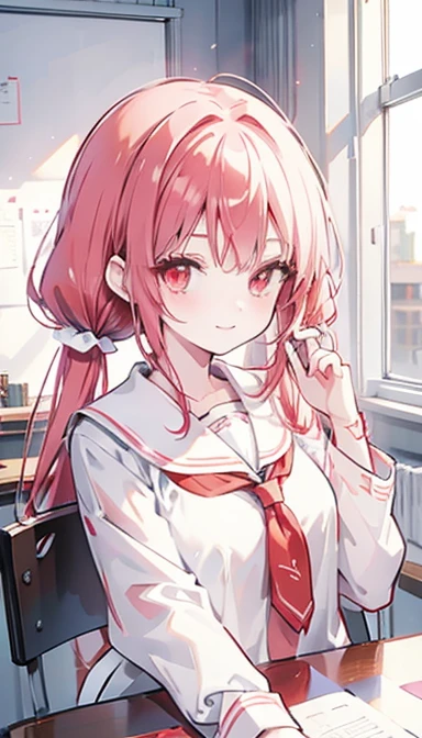 White hair, twin tails, red eyes, girl, , smile, red hair accessory, classroom