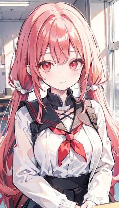 White hair, twin tails, red eyes, girl, , smile, red hair accessory, classroom
