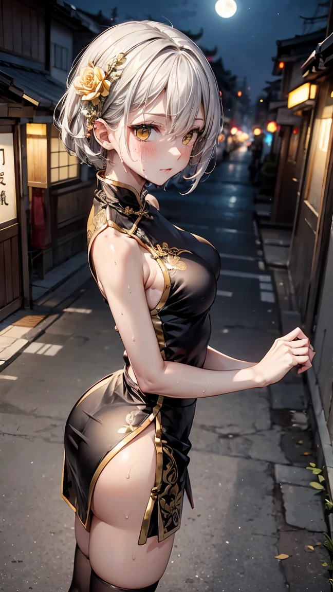 young girl , short silver bob hair, hair flower, sharp bangs between the eyes, yellow eyes, eyes large, confident looking. ((traditional chinese imperial clothes black with gold details,)) ((red skirt)) black thigh high socks. empowered pose, confident pose, chin up. (medium breasts,) fine legs, ((slenderbody,)). point of view from above, view from side, side point of view, on the street of a Japanese city, at night, with full moon in the background, light reflecting on the sexy and sweaty body. (((sweat)))