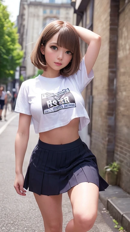 ((Underboob:1.65、Short T-shirt:1.2))、One girl、Bob Hair、Brown Hair、Tight long skirt with slit、Medium breast、Beautiful face、Cheerleader、Anatomically correct limbs、Anatomically correct fingerasterpiece:1.3、Raw photo、Highest quality、Streets of London、Walking、