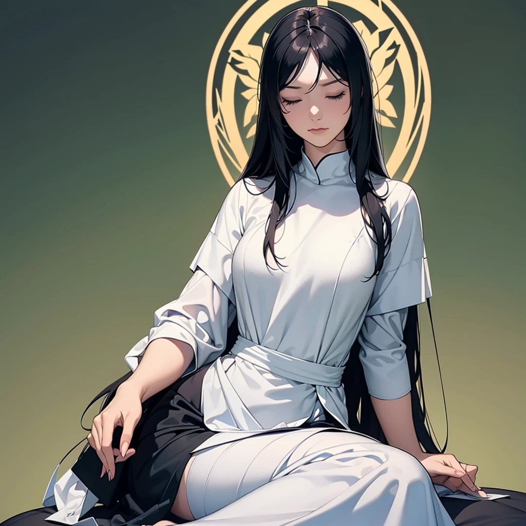 A woman with long black hair sitting cross-legged, meditating with her eyes closed, looking serene and focused. She has a beautiful face, is in a relaxed, peaceful pose, and the background is black.