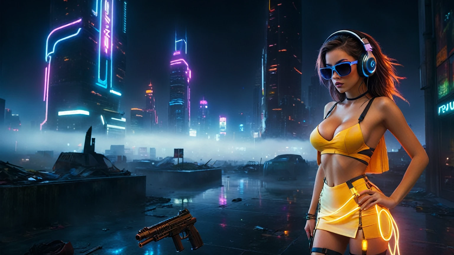 dark futuristic landscape, at night, neon lights, Atmospheric fog, large buildings in the background, futuristic city, streets with open shops, skyscraper (postapocalyptic city:1.3). (((1girl, solo, alone))), large-breast:1.2 slim body, cleavage:1.1, sexy miniskirt, (((headphone, black sunglasses, standing and holding pistol pose))), (((half-body thigh level medium shot))), cinematic lighting, lens flare, ray tracing.
