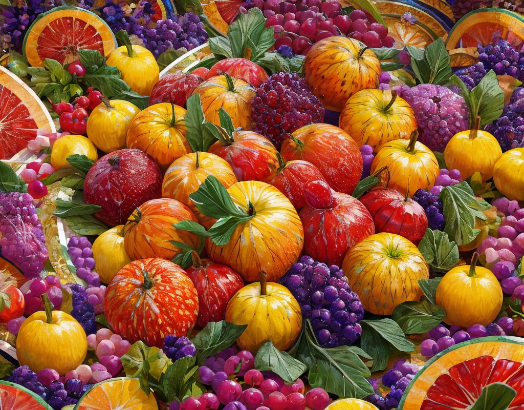 A spectacular mosaic makes up paradise Fruits and vegetables with rivers of juice flowing in many colors All the fruits are a mosaic and all the rivers come out of the mosaics in vivid colors In general the picture looks fantastic and makes you really want to reach out and taste heaven The atmosphere is amazing