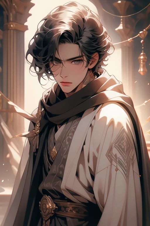 male, adult, black silky hair, grey eyes, beautiful face, handsome, tattoos, court wizard, hooded scarf, robes and trousers, rogue mage, medieval fantasy, embarrassed